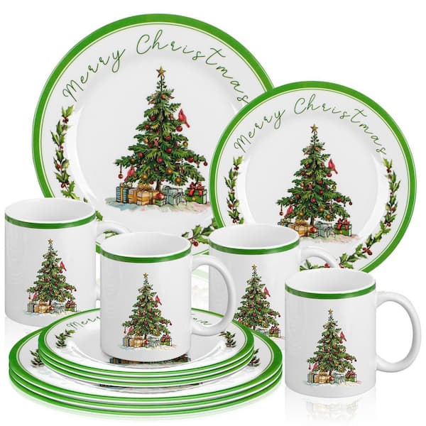 Wudkey 12-Piece Christmas Tree Green Ceramic Dinnerware Set
