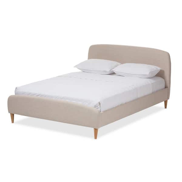 Mia Mid-Century Beige Fabric Upholstered Queen Size Bed