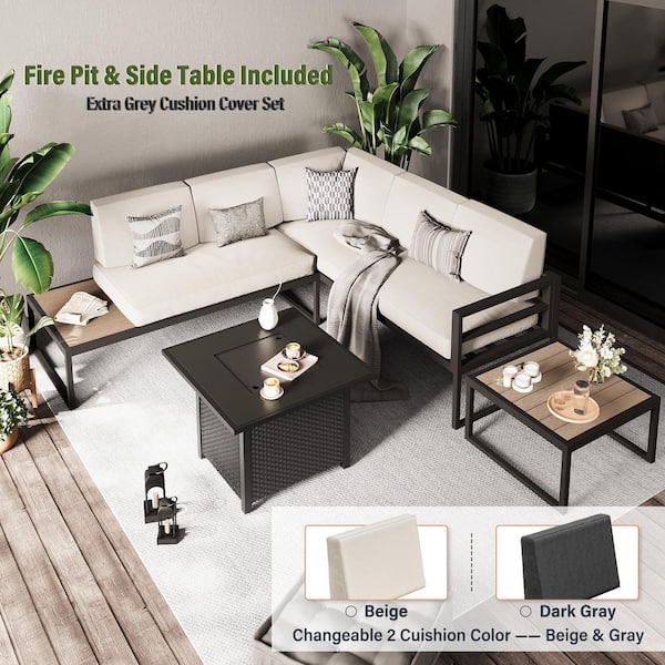 5-Piece Aluminum Patio Conversation Seating Set with Side Table, Coffee Table, Beige Cushions and Firepit