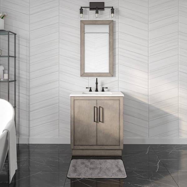Water Creation Hugo 30 in. W x 22 in. D x 34 in. H Single Bath Vanity in Grey Oak with White Marble Top and Mirror with White Basin