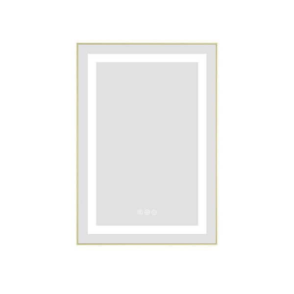 20 in. W x 30 in. H Rectangular Framed Wall Bathroom Vanity Mirror in Brushed Gold with Front and Backlight, 3 Colors