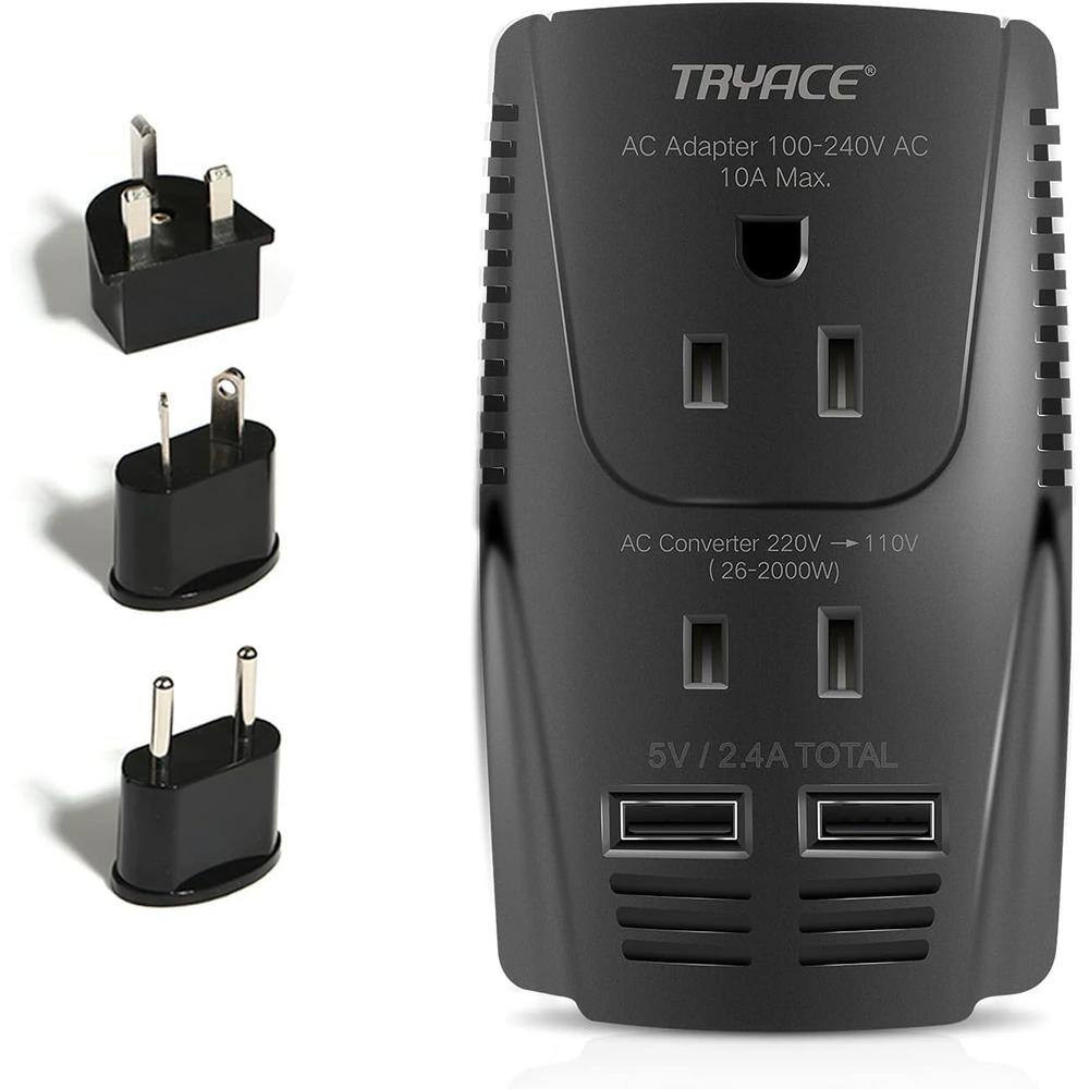 2000-Watt Travel Adapter Voltage Converter Plug 220-Volt to 110-Volt Converter with 2-Outlet and 2-USB Ports in Black price history on PriceWatchPro