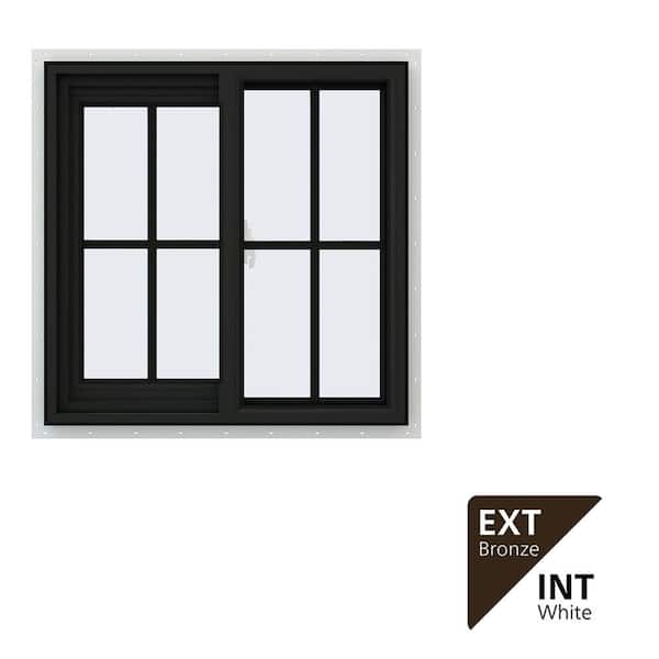 24 in. x 24 in. V-2500 Series Bronze Exterior/White Interior FiniShield Vinyl Left-Handed Sliding Window w/Colonial Grid