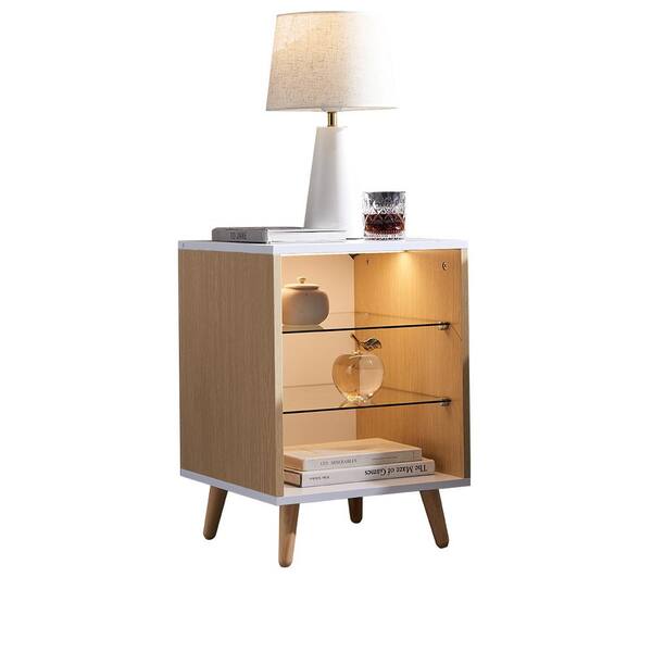 Qualler Natural 3-Shelves 15.7 in. W Nightstand with LED