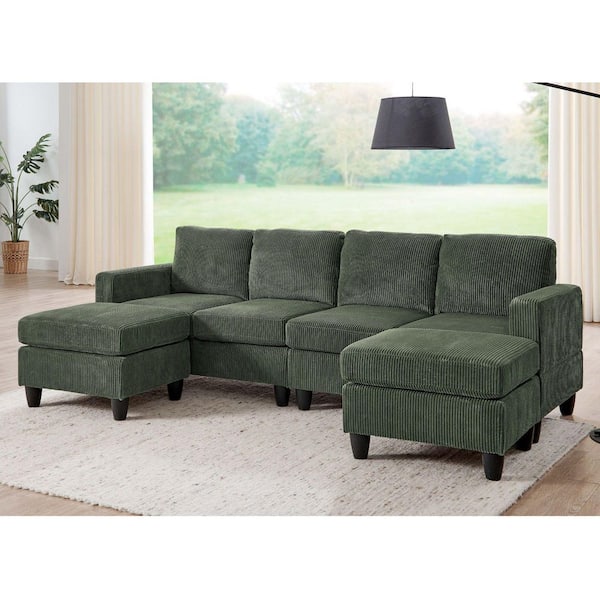 Maia 101 in. Corduroy Upholstery U-Shaped Sectional Sofa in Green with 2 Ottoman
