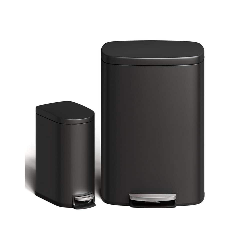 13 Gal.and 2.6 Gal.Black Steel Step-On Pedal Kitchen Trash Can with Lid, Rear Handle,Removable Plastic Inner Bucket