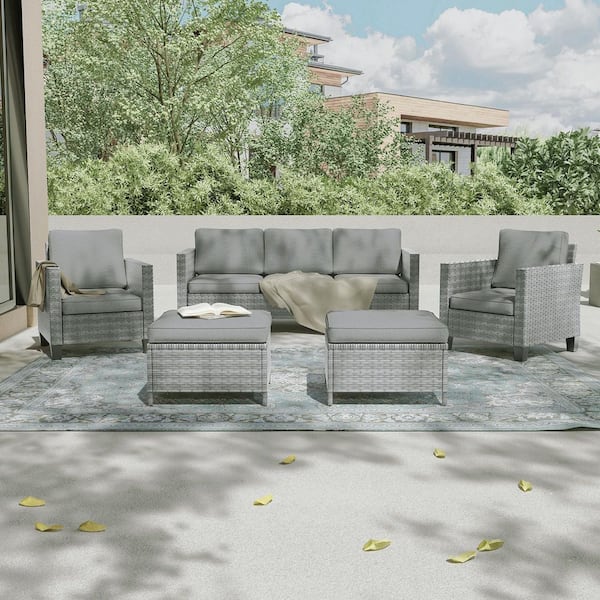 5-Piece Outdoor Patio Conversation Set Widened Back and Arm Grey Rattan 3-Seat Sofa 2-Ottomans, Grey