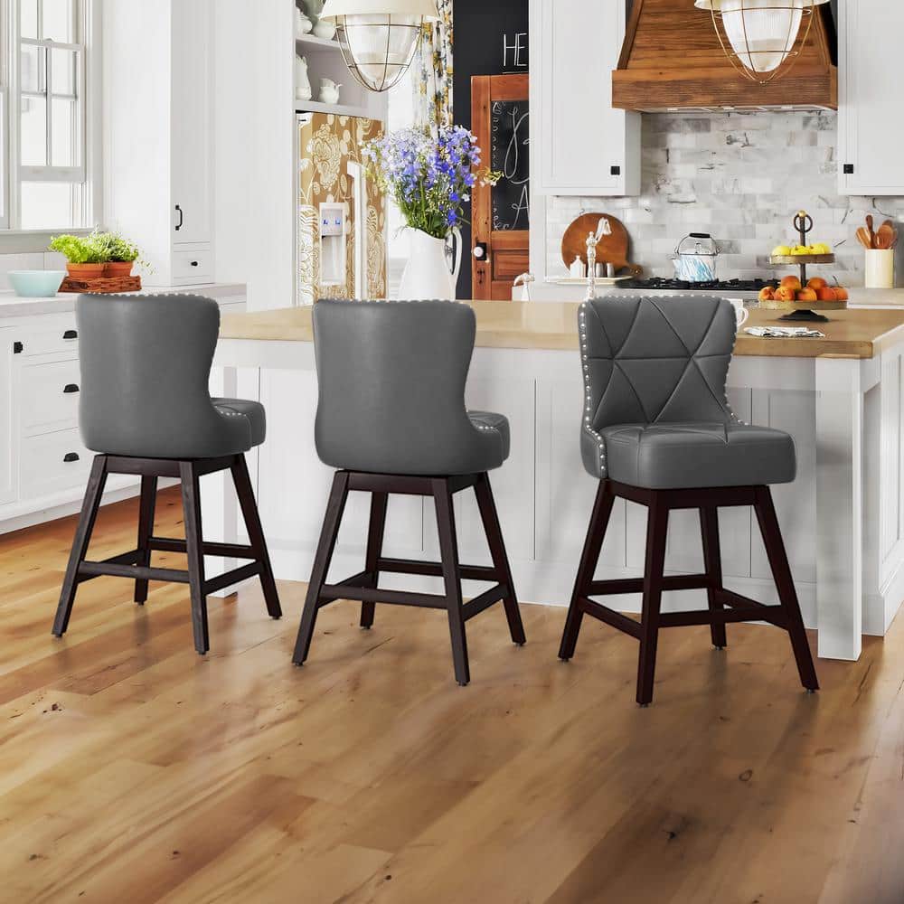 Dark Gray Faux Leather Swivel Counter Stools with Wood Legs, Set of 3
