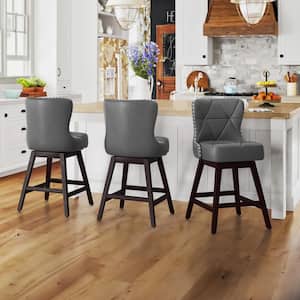 Hampton 26 in. Dark Gray Solid Wood Frame Counter Stool with Back Faux Leather Upholstered Swivel Bar Stool Set of 3