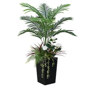 4ft. Artificial Palm Plant Indoor/Outdoor, Faux Palm Plants in Black Planter for Home Office Decor set of 2