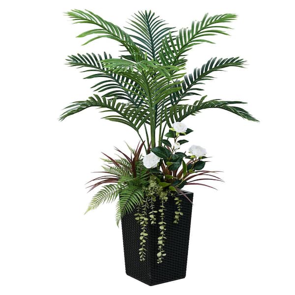 4ft. Artificial Palm Plant Indoor/Outdoor, Faux Palm Plants in Black Planter for Home Office Decor set of 2