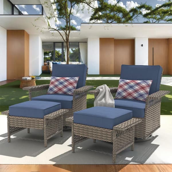 Buenaola 4-Piece Wicker Patio Conversation Set with Blue Cushions