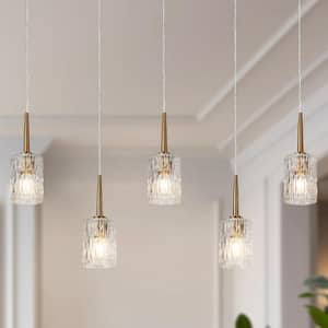 Modern 5-Light Plating Brass Island Hardwired Chandelier with Cylinder Clear Ripple Glass Shades and No Bulb Included