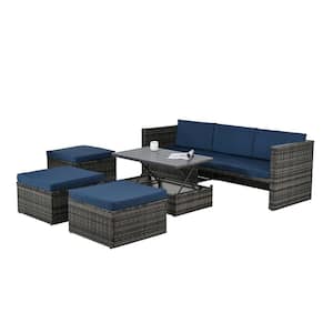 5-Piece Wicker Patio Conversation Set Outdoor Sofa Set with Navy Blue Cushions, lift TOP Coffee Table and Lounger Sofa