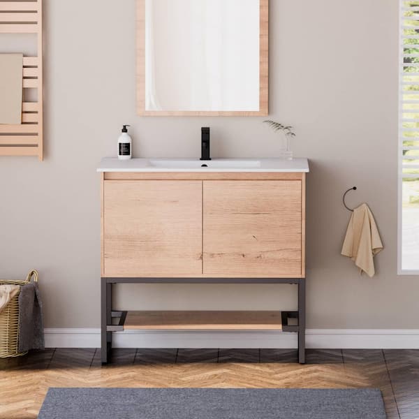 eclife 36 in. W x 18 in. D x 33 in. H Single Sink Freestanding Bath Vanity Cabinet in Natural with White Ceramic Top