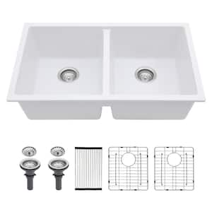 33 in. Undermount Double Bowl White Granite Composite Kitchen Sink with Basket Strainer and Roll-up Rack