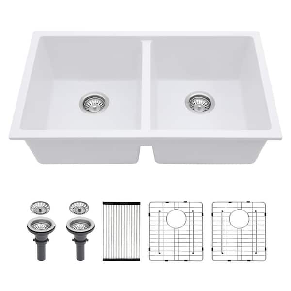 33 in. Undermount Double Bowl White Granite Composite Kitchen Sink with Basket Strainer and RolL up Rack