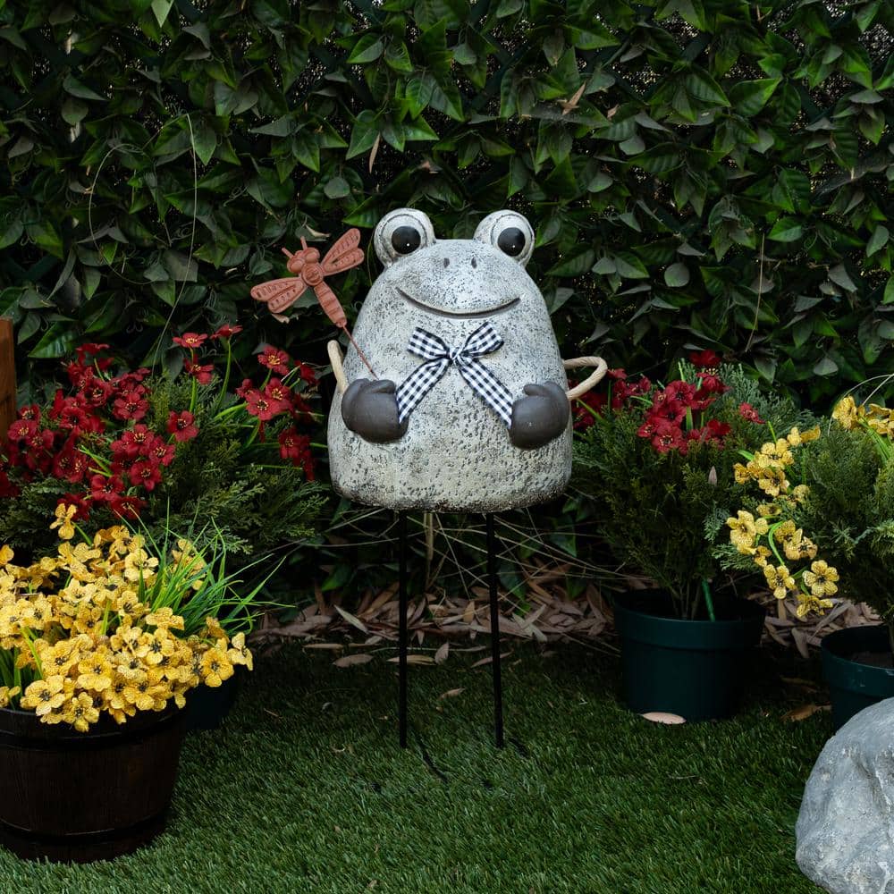 24" Stone Finish Frog with Metal Dragonfly Garden Statue