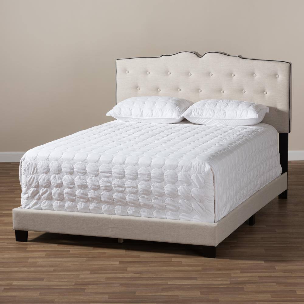 Light Beige Upholstered Full Bed with Tufted Headboard and Drawers