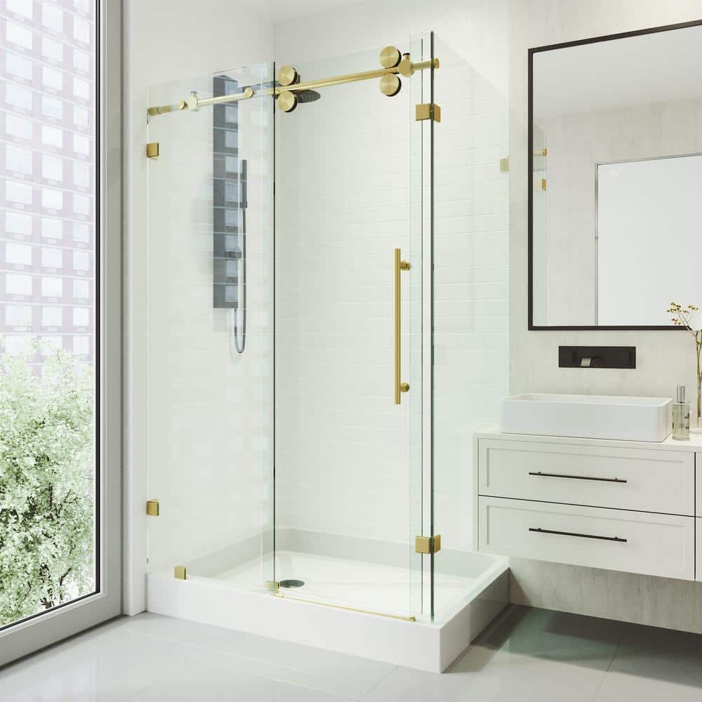Winslow 48" Matte Brushed Gold Frameless Sliding Shower Enclosure with Clear Glass