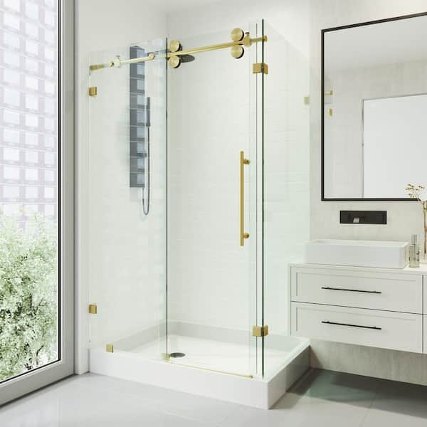 Winslow 36 in. L x 48 in. W x 80 in. H Frameless Sliding Shower Enclosure Kit in Matte Brushed Gold with Clear Glass