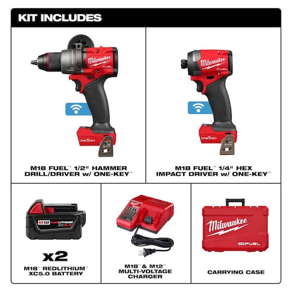 M18 FUEL ONE-KEY 18V Lithium-Ion Brushless Cordless Hammer Drill/Impact Driver Combo Kit Two 5.0 Ah Batteries Case