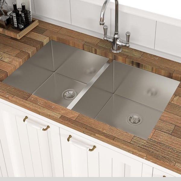 33 in. Undermount Double Bowl (50/50) 16-Gauge Brushed Nickel Stainless Steel Kitchen Sink with Bottom Grids