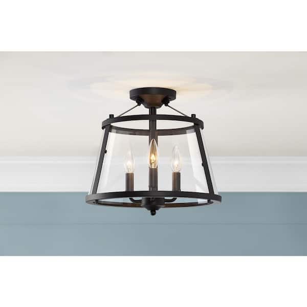 Lincoln 14 in. 3-Light Black Semi-Flush Mount Ceiling Light Fixture with Metal and Glass Shade