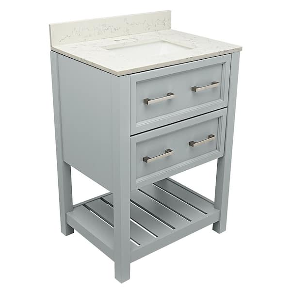 Amluxx Milan 25 in. W x 19 in. D Bath Vanity in Grey with Quartz Stone Vanity Top in Lyra White with White Basin