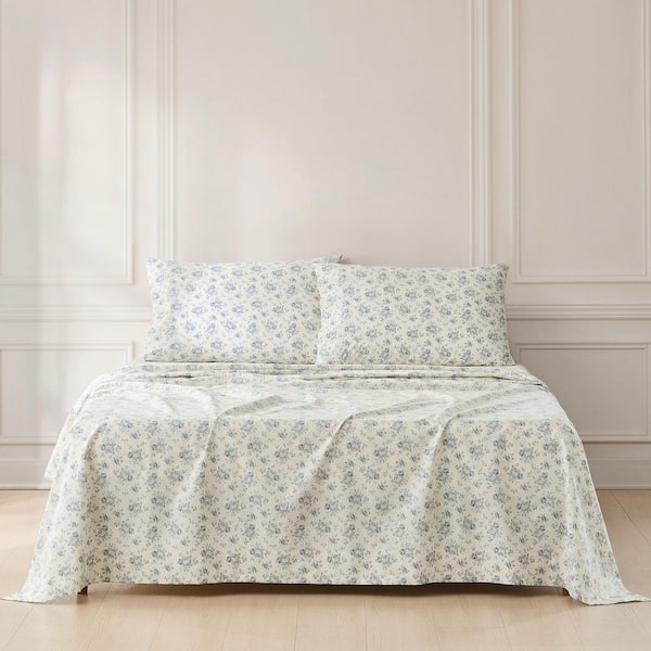 Rose Garden Cotton 4-Piece Set Blue Floral Cotton Full Sheet Set