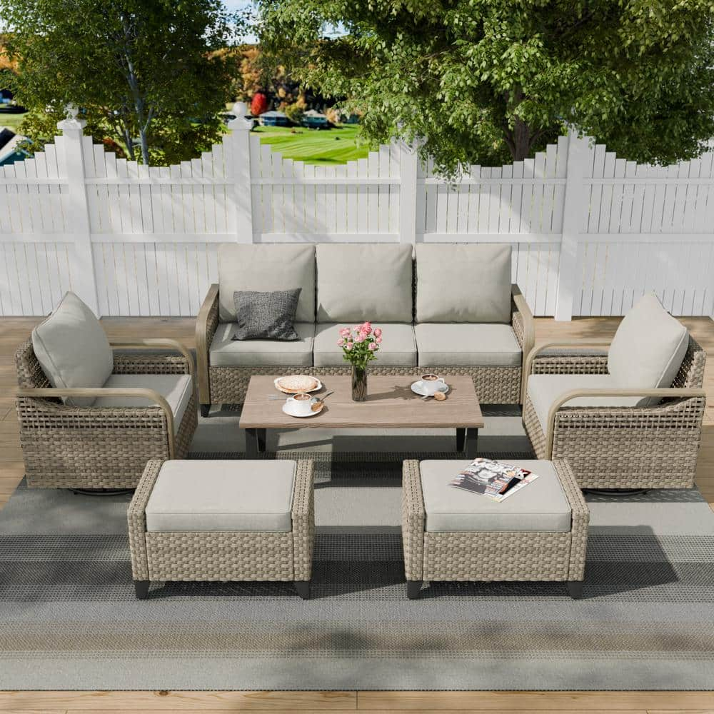 COOS BAY 6-Piece Brown Wicker Outdoor Patio Conversation Seating Set ...