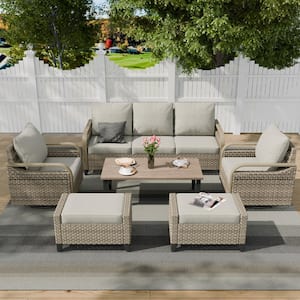 6-Piece Brown Wicker Outdoor Patio Conversation Seating Set Swivel Chairs with Gray Cushions, Ottomans and Coffee Table