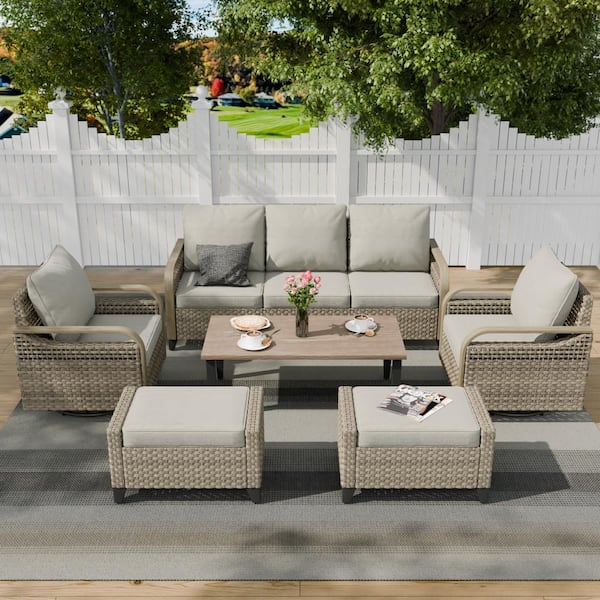 COOS BAY 6-Piece Brown Wicker Outdoor Patio Conversation Seating Set Swivel Chairs with Gray Cushions, Ottomans and Coffee Table