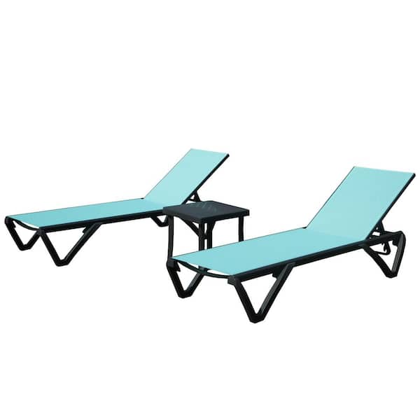 GAWEZA Set of 3 Aluminum Adjustable Stackable Outdoor Chaise Lounge in Blue Seat Poolside Sunbathing Lounger with Side Table