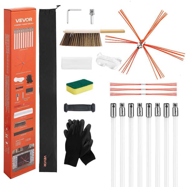 Chimney Sweep Kit, 26 ft. Maximum Length Chimney Brush, with Bristle Replacements & Goggles, 90° Bendable Cleaning Tool