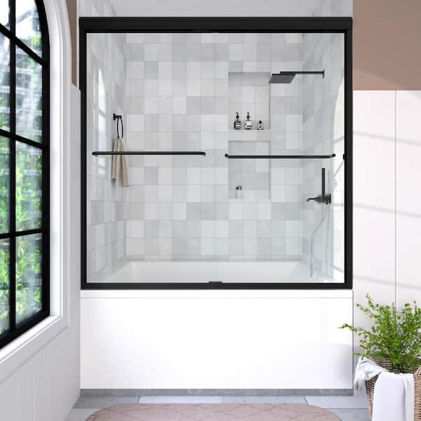 Lntano 60 in. W x 56 in. H Sliding Bath Tub Door in Semi Frameless in Matte Black with Clear Glass