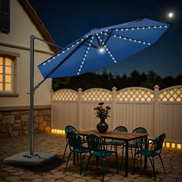 10 ft. x 10 ft. Market Cantilever Solar LED Patio Umbrella with 360° Rotation in Dark Blue