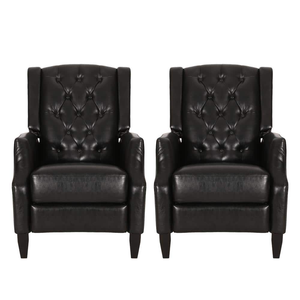 Midnight Black and Dark Brown Faux Leather Wood Recliner Set