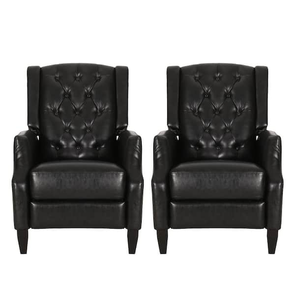 Noble House Steinaker Midnight Black Faux Leather Tufted Pushback Recliners (Set of 2)