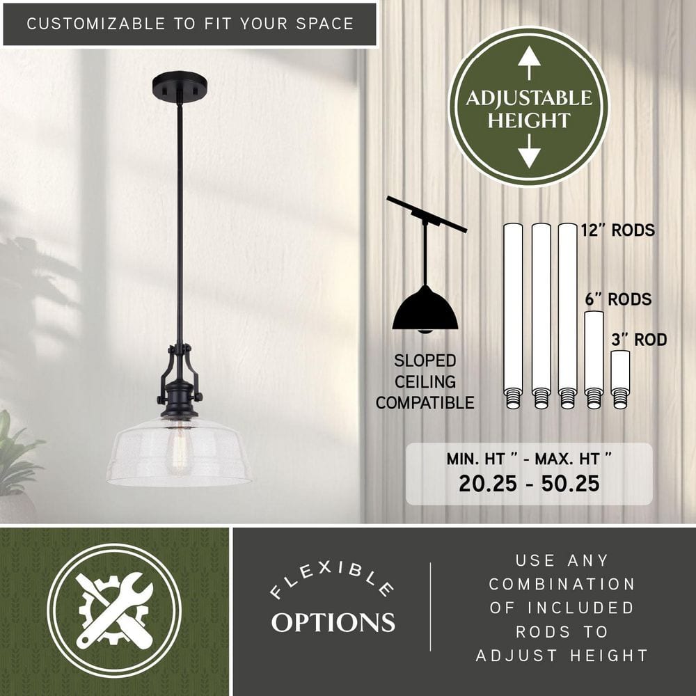 Matte Black 12" Farmhouse Style Pendant Light with Glass