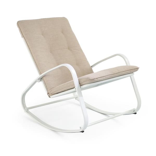 Freestyle Metal White Outdoor Rocking Chair with Beige Cushions