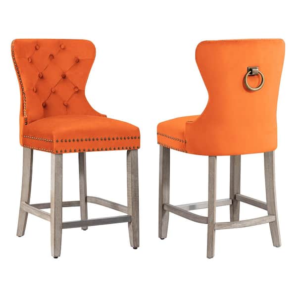 WESTINFURNITURE Harper 24 in. in Orange Velvet Tufted Wingback Kitchen Counter Bar Stool with Solid Wood Frame Antique Gray (Set of 2)