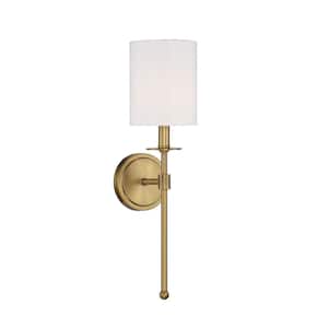 5 in. W x 20 in. H 1-Light Natural Brass Wall Sconce with White Fabric Shade