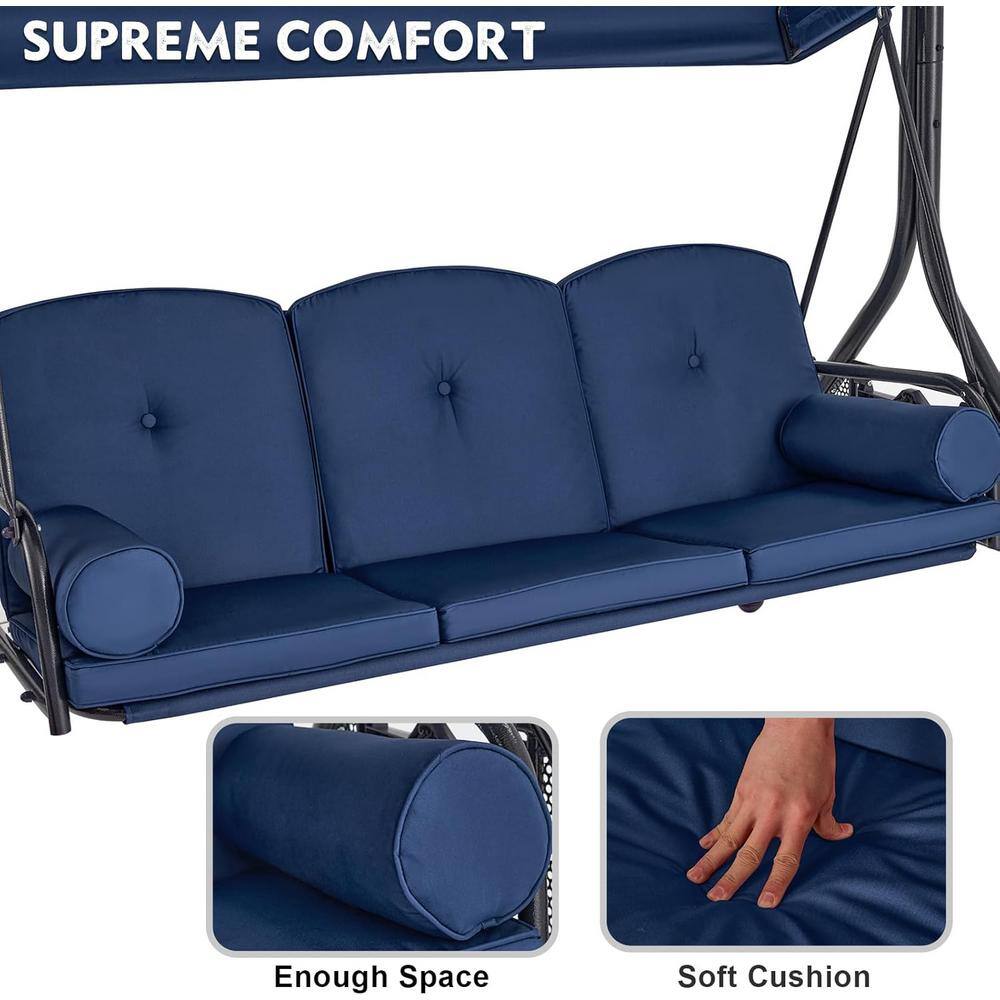 Blue Cushioned Steel Frame 3-Person Porch Swing with Adjustable Canopy