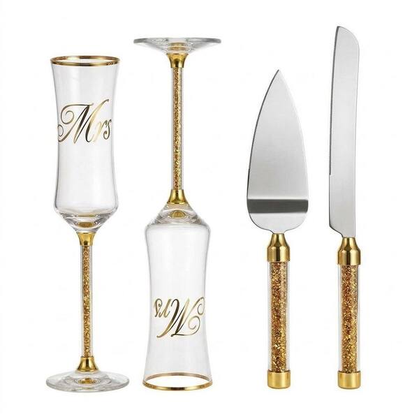Gold Wedding Cake Cutting Set with Champagne Flutes Rhinestone Stem Stainless Steel Knife Server Bride