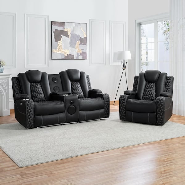 HOMESTOCK 2 Piece 84.25 in. Faux Leather Home Theatre Reclining Chair and Sofa Living Room Suite with Adjustable Headrest in Black