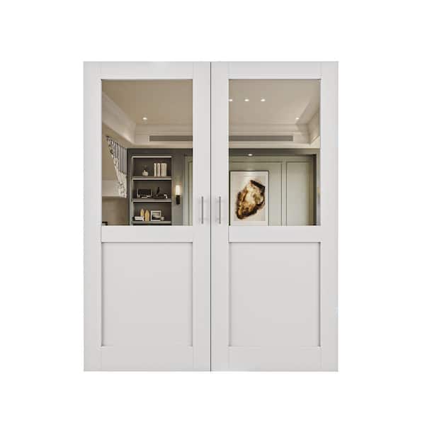48 in. x 80 in. 1/2 Lite Mirrored Glass Solid Core Primed Wood French Door without Jamb Bi-fold Door with Ball Catch