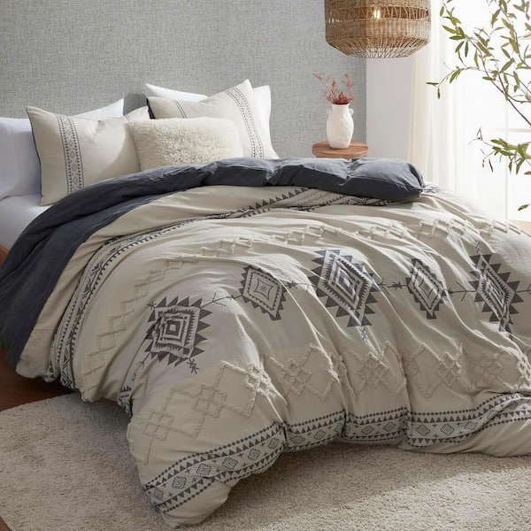 3 Pieces King Size Microfiber Bedding Set,Boho Duvet Cover Set,Gray