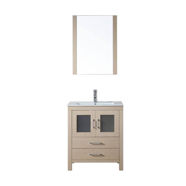 Virtu USA Dior 28 in. Vanity in Light Oak with Ceramic Vanity Top in White and Mirror-DISCONTINUED