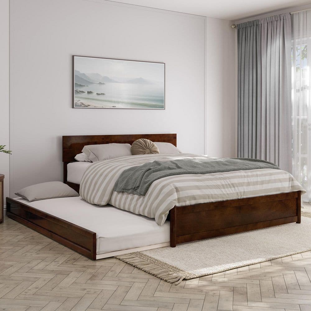 Walnut Queen Wood Platform Bed with Trundle and Headboard